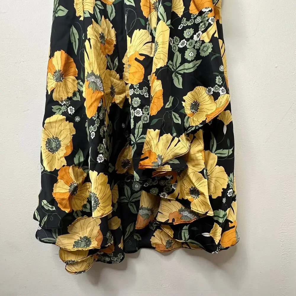 Md NWT Lulus Perfectly Curated Black Floral Wrap Dress Ruffle High-Low Maxi Fall - Picture 6 of 7